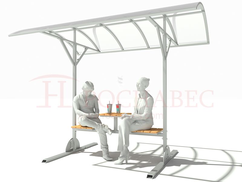 Стол со скамейками для отдыха и приема пищи с навесом из поликарбоната
