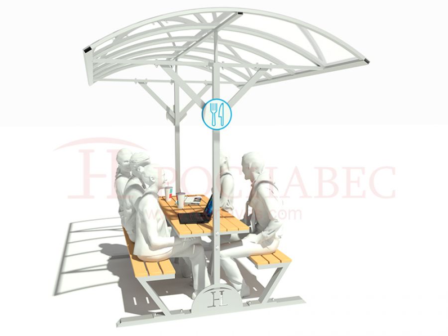 Стол на 6 персон со скамейками для отдыха и приема пищи с навесом из поликарбоната